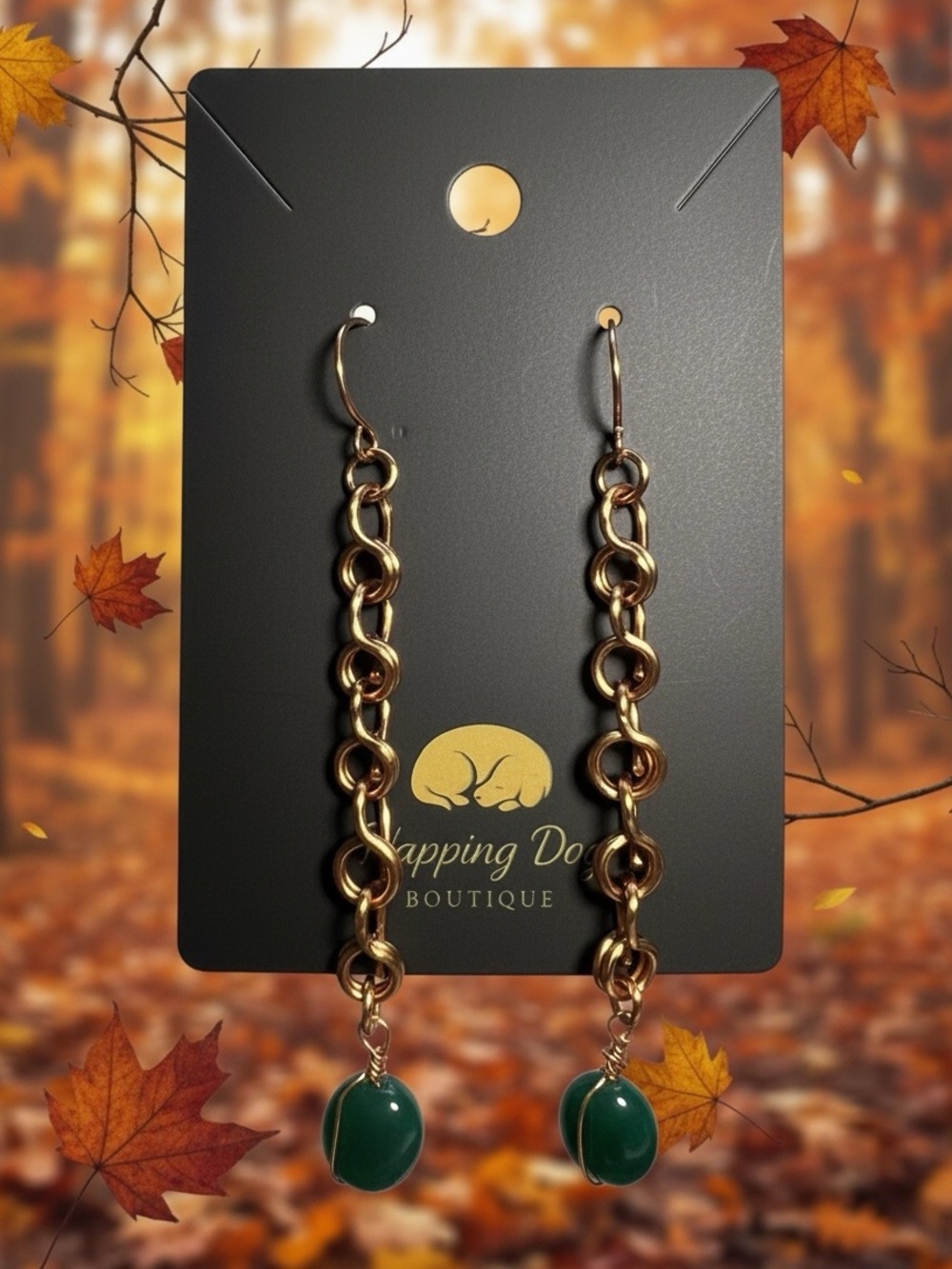 Hand-Twisted Copper Chain Dangle Earrings with Green Stone Drops